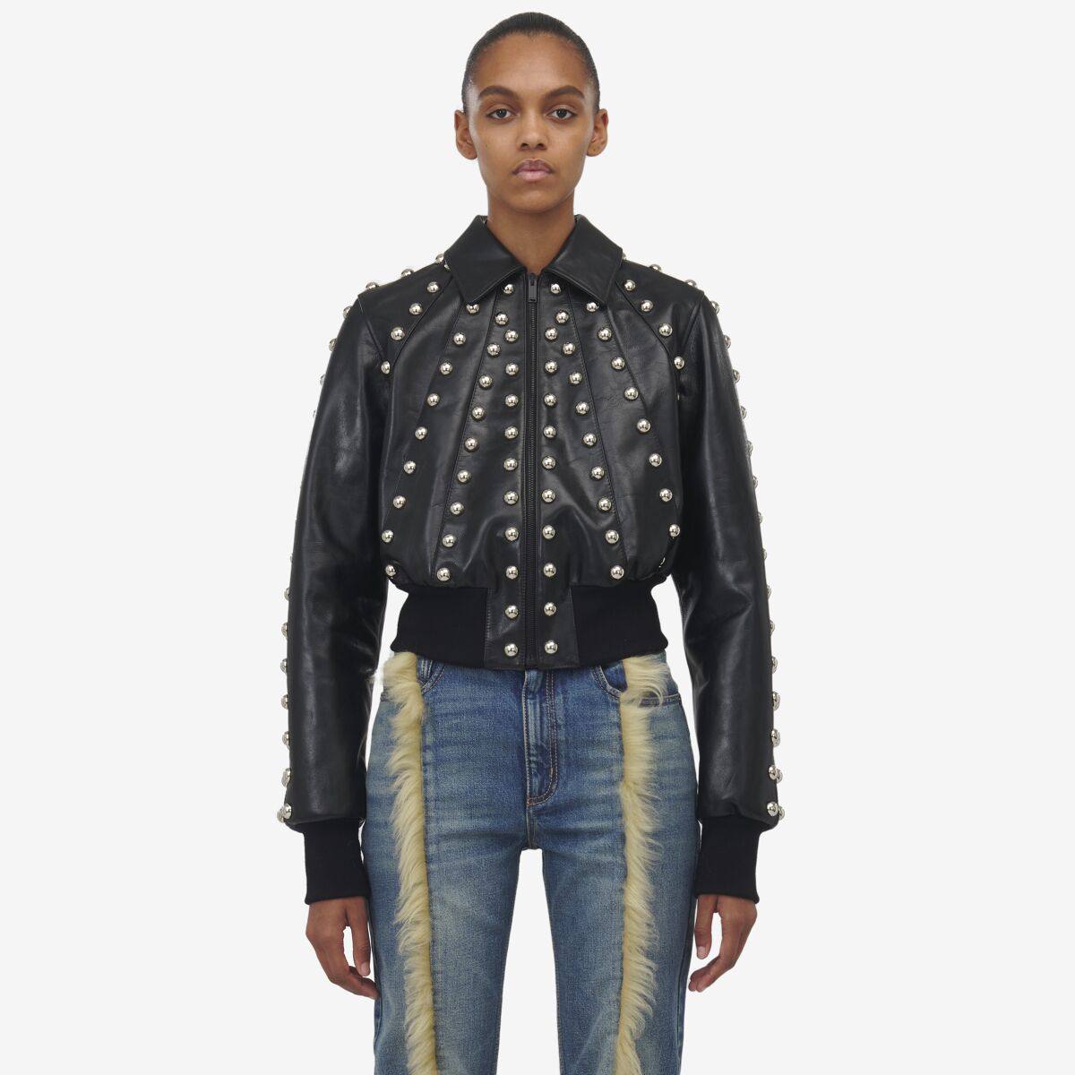 Alexander McQueen Women's Black Studded Leather Bomber Jacket - 6 (Calf leather)